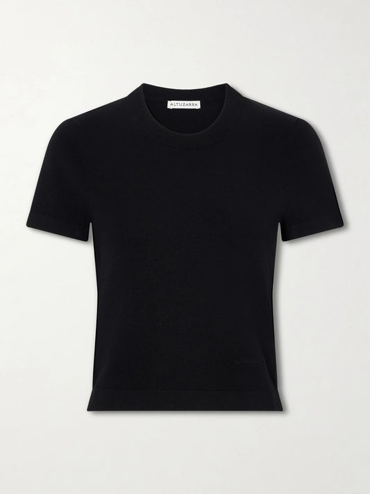 Image of a model wearing Tops. Product name - Manny Woven T-shirt in Black colour by brand - Altuzarra