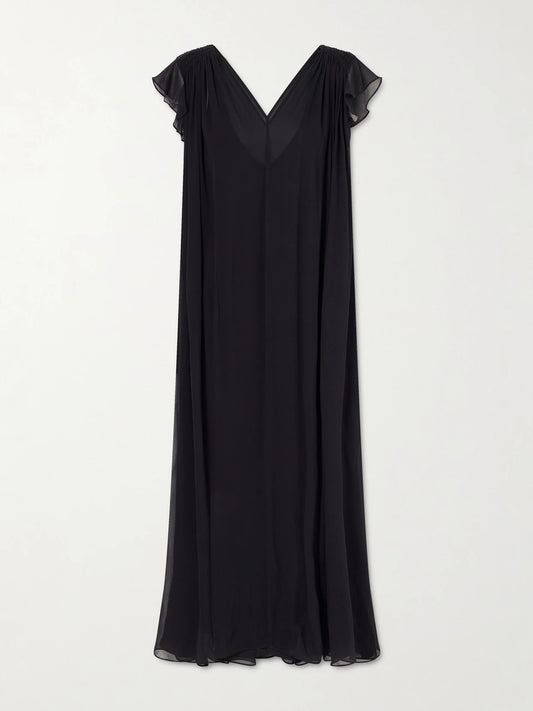 Image of Dresses. Product name - Midnight Concert Shirred Muslin Maxi Dress in Black colour by brand - Eres