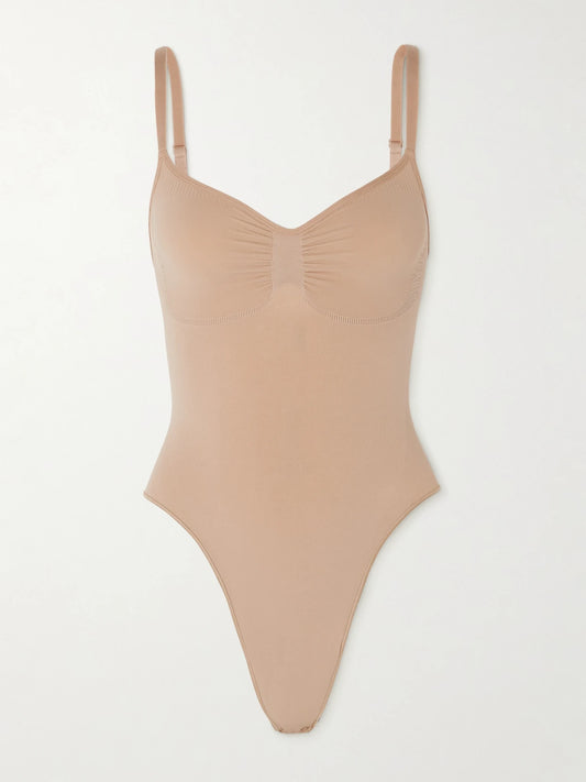 Image of Lingerie. Product name - Seamless Sculpt Thong Bodysuit - Sienna in Light brown colour by brand - SKIMS