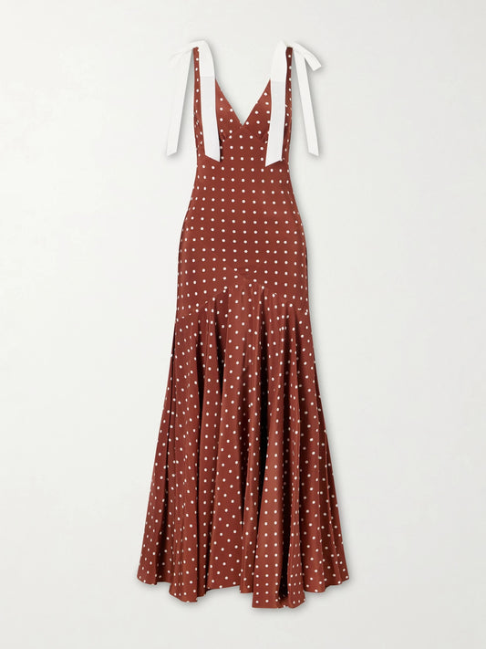 Image of Dresses. Product name - Polka-dot Silk-crepe Midi Dress in Brown colour by brand - Rodarte