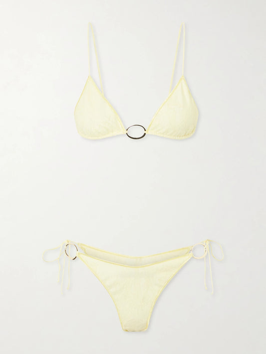 Image of Swimwear. Product name - Lurex-trimmed Lace Bikini in Pastel yellow colour by brand - Oséree