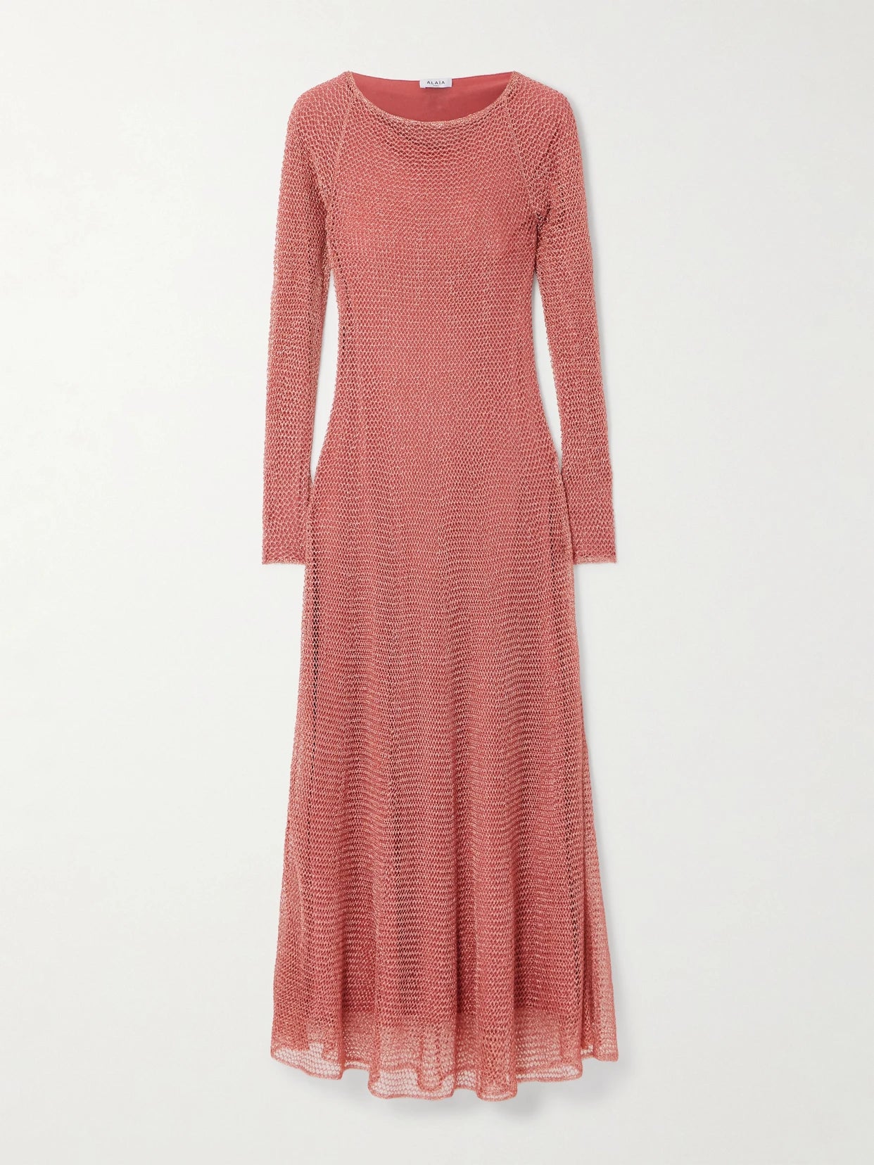 Image of Dresses. Product name - Metallic Open-knit Midi Dress in Pink colour by brand - Alaïa