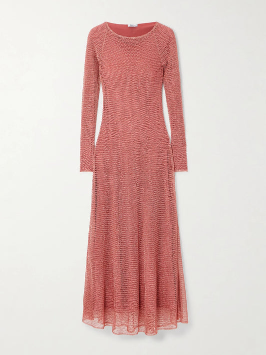 Image of Dresses. Product name - Metallic Open-knit Midi Dress in Pink colour by brand - Alaïa