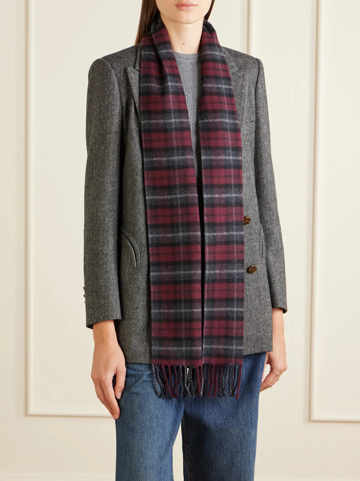 Image of Scarves & Shawls. Product name - Fringed Checked Wool Scarf in Red colour by brand - Etro