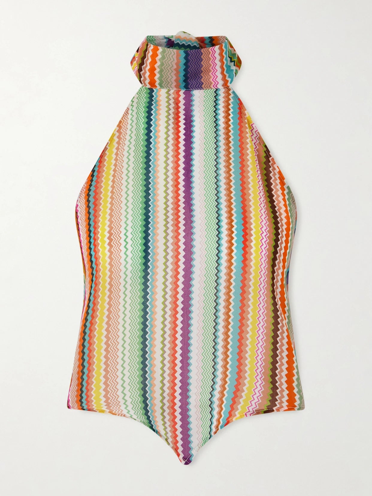 Image of a model wearing Tops. Product name - Striped Cotton And Silk-blend Crepe De Chine Halterneck Top in Multi colour by brand - Missoni