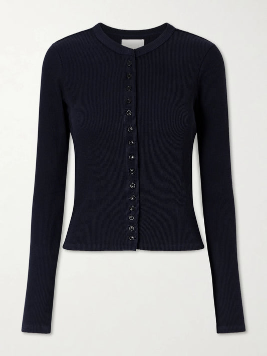 Image of a model wearing Tops. Product name - Kari Ribbed Stretch-jersey Cardigan in Navy colour by brand - Citizens of Humanity