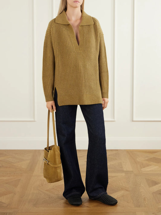 Image of a model wearing Outerwear. Product name - Malte Ribbed Cashmere Sweater in Chartreuse colour by brand - Le Kasha