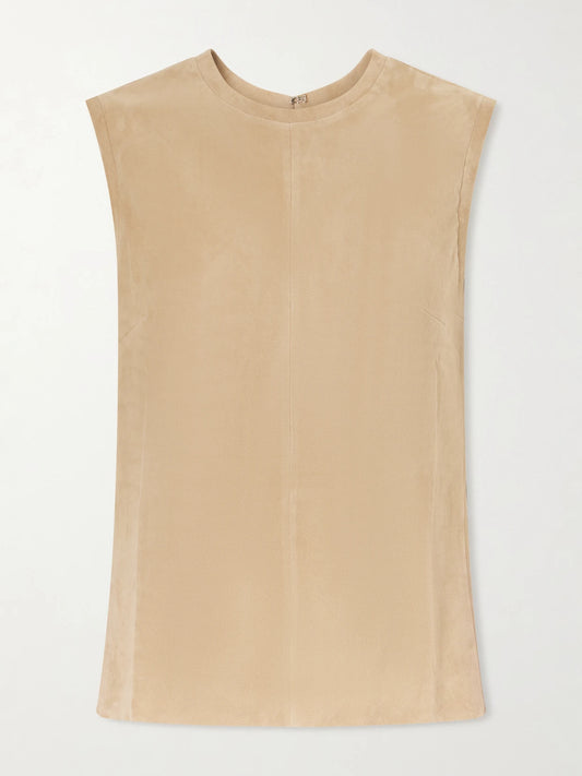 Image of a model wearing Tops. Product name - Miuccia Suede Tank in Beige colour by brand - STOULS