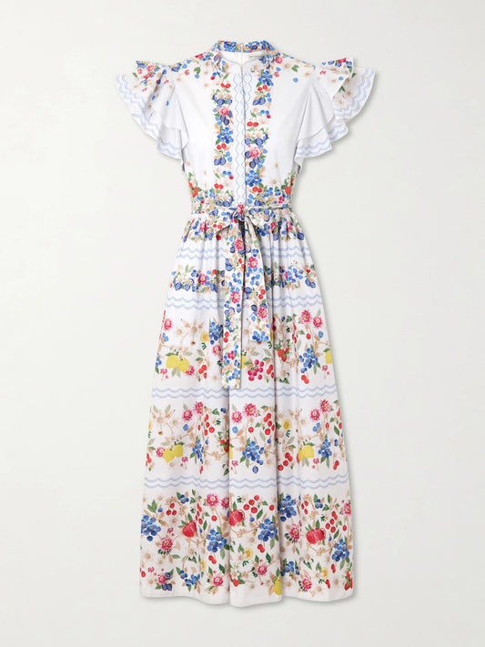 Image of Dresses. Product name - Belted Floral-print Cotton-blend Midi Dress in Multi colour by brand - Mary Katrantzou