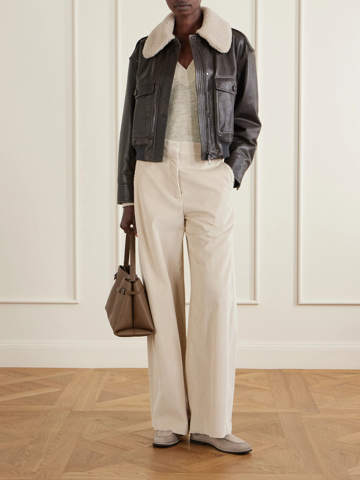 Image of Coats & Jackets. Product name - Shearling-trimmed Leather Jacket in Dark brown colour by brand - Brunello Cucinelli