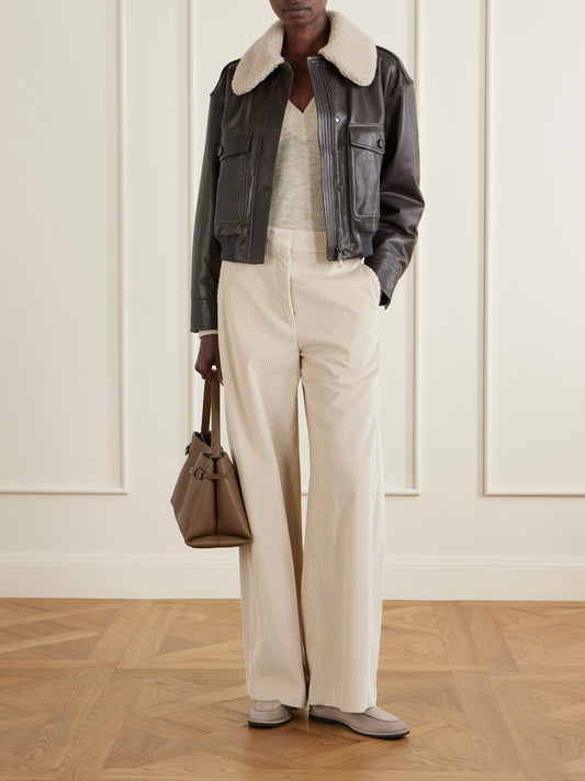 Image of Coats & Jackets. Product name - Shearling-trimmed Leather Jacket in Dark brown colour by brand - Brunello Cucinelli