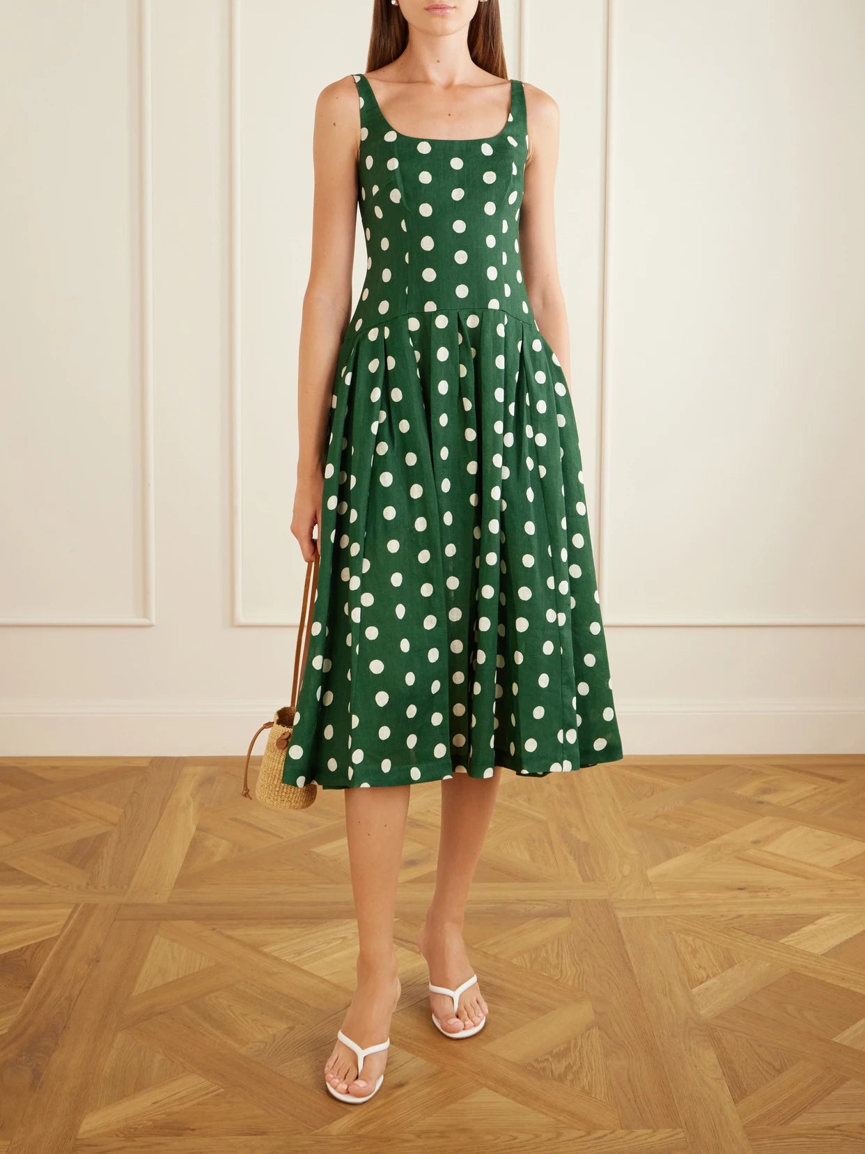 Image of Dresses. Product name - Regio Pleated Polka-dot Linen Midi Dress in Green colour by brand - Cara Cara