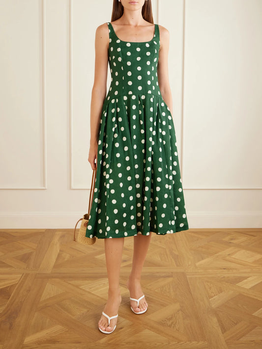 Image of Dresses. Product name - Regio Pleated Polka-dot Linen Midi Dress in Green colour by brand - Cara Cara