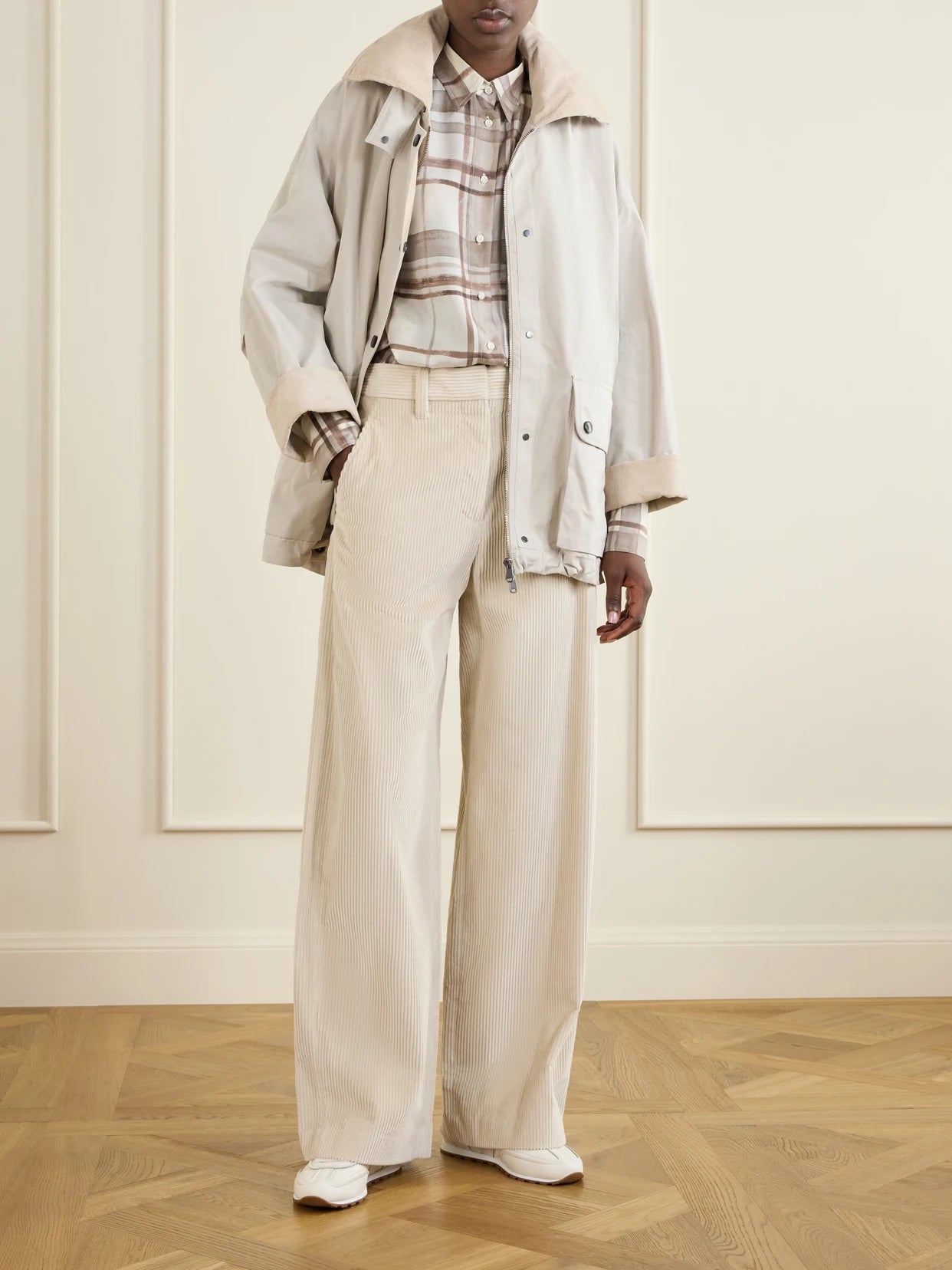 Image of Coats & Jackets. Product name - Corduroy-trimmed Cotton And Linen-blend Coat in Beige colour by brand - Brunello Cucinelli