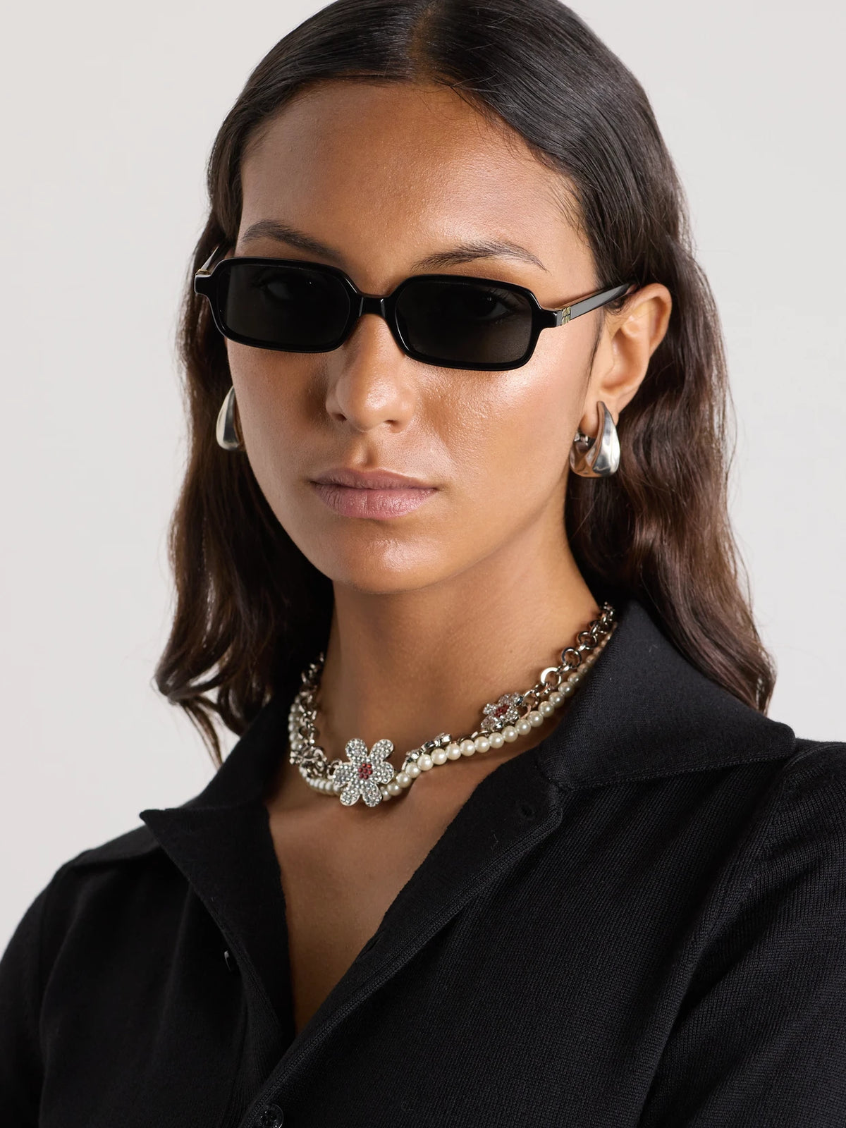 Image of Sunglasses. Product name - Rectangular-frame Acetate Sunglasses in Black colour by brand - Miu Miu Eyewear