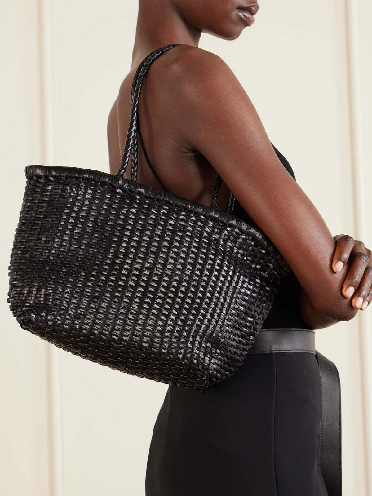 Image of Bags. Product name - B Weave Small Woven Leather Tote in Black colour by brand - Dragon Diffusion