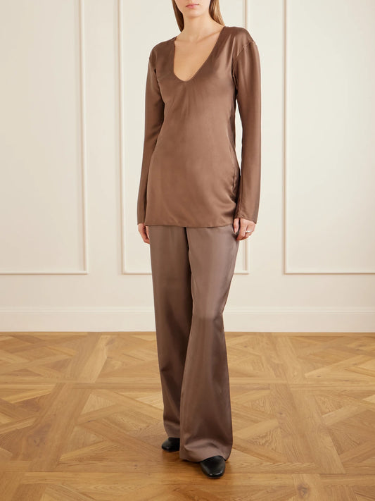 Image of Outfit Sets. Product name - Syros Silk-blend Satin Blouse in Brown colour by brand - Ruohan