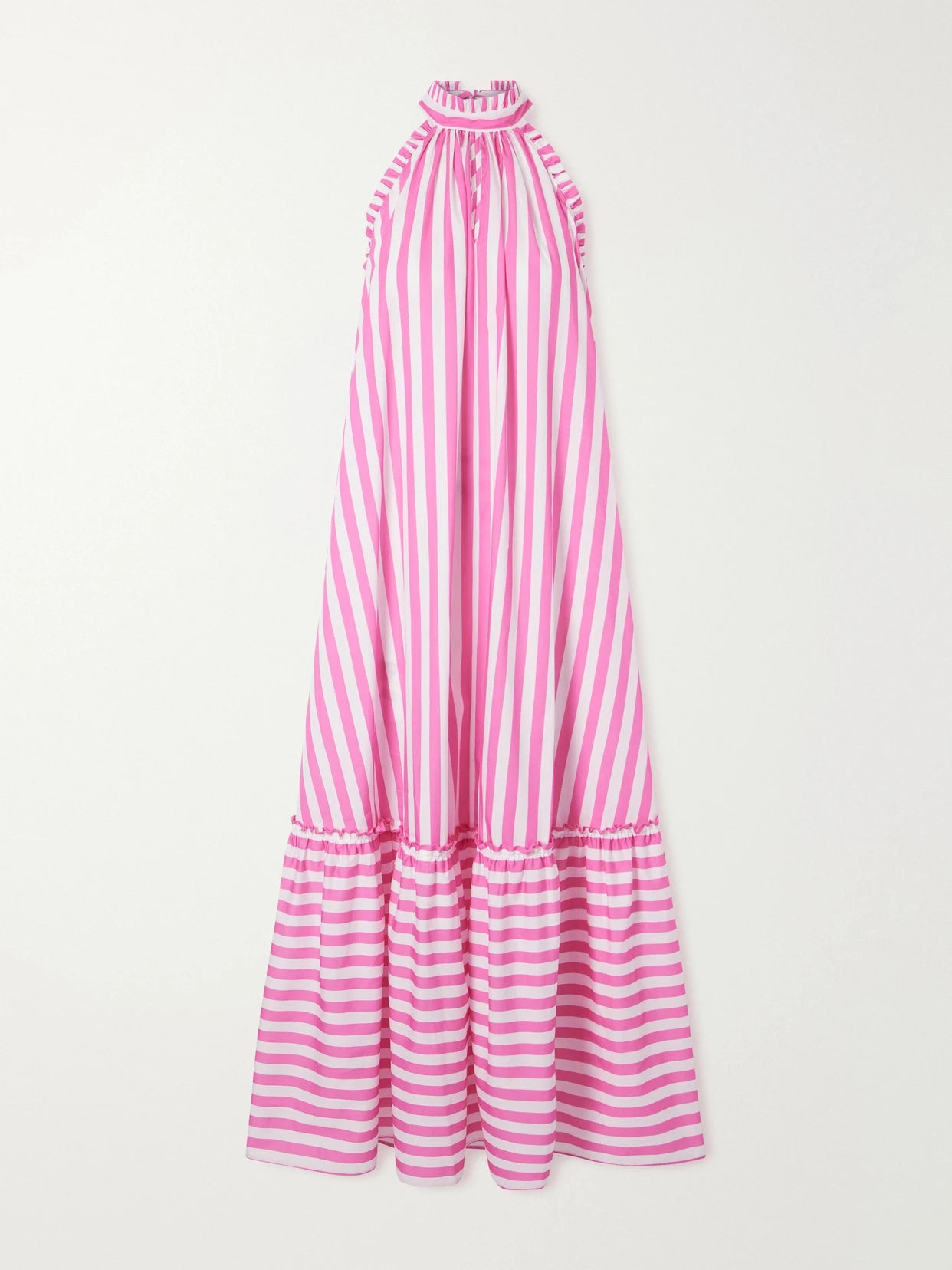 Image of Dresses. Product name - Melinda Ruched Striped Cotton-poplin Halterneck Maxi Dress in Pink colour by brand - Loretta Caponi
