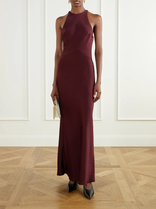 Image of Dresses. Product name - Skyros Satin-jersey Maxi Dress in Burgundy colour by brand - BLAZÉ Milano