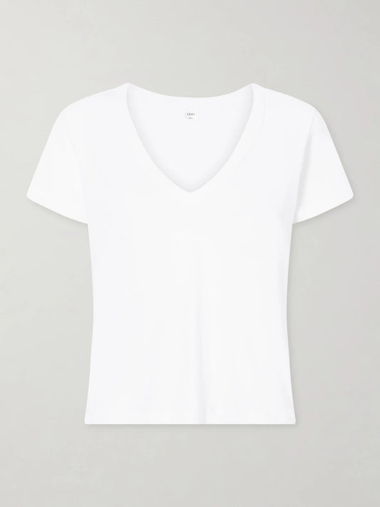 Image of a model wearing Tops. Product name - Laura Cotton-jersey T-shirt in White colour by brand - LESET