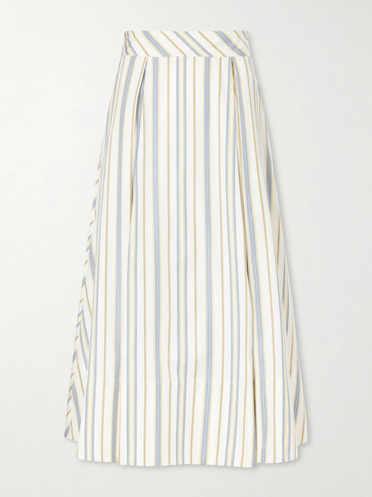 Image of a model wearing Skirts. Product name - Wynona Pleated Striped Cotton-gabardine Midi Skirt in Cream colour by brand - Thierry Colson