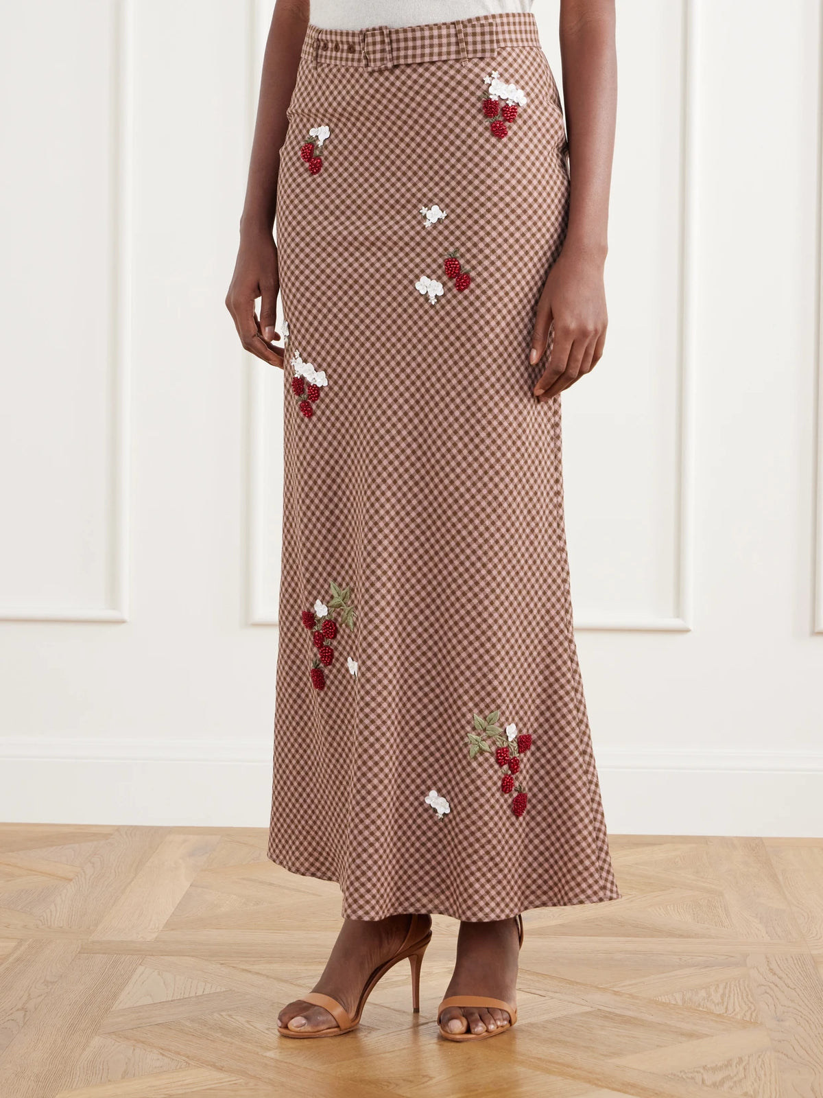BERNADETTE Chuck Belted Bead-embellished Checked Wool Maxi Skirt