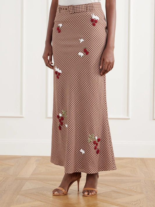 BERNADETTE Chuck Belted Bead-embellished Checked Wool Maxi Skirt
