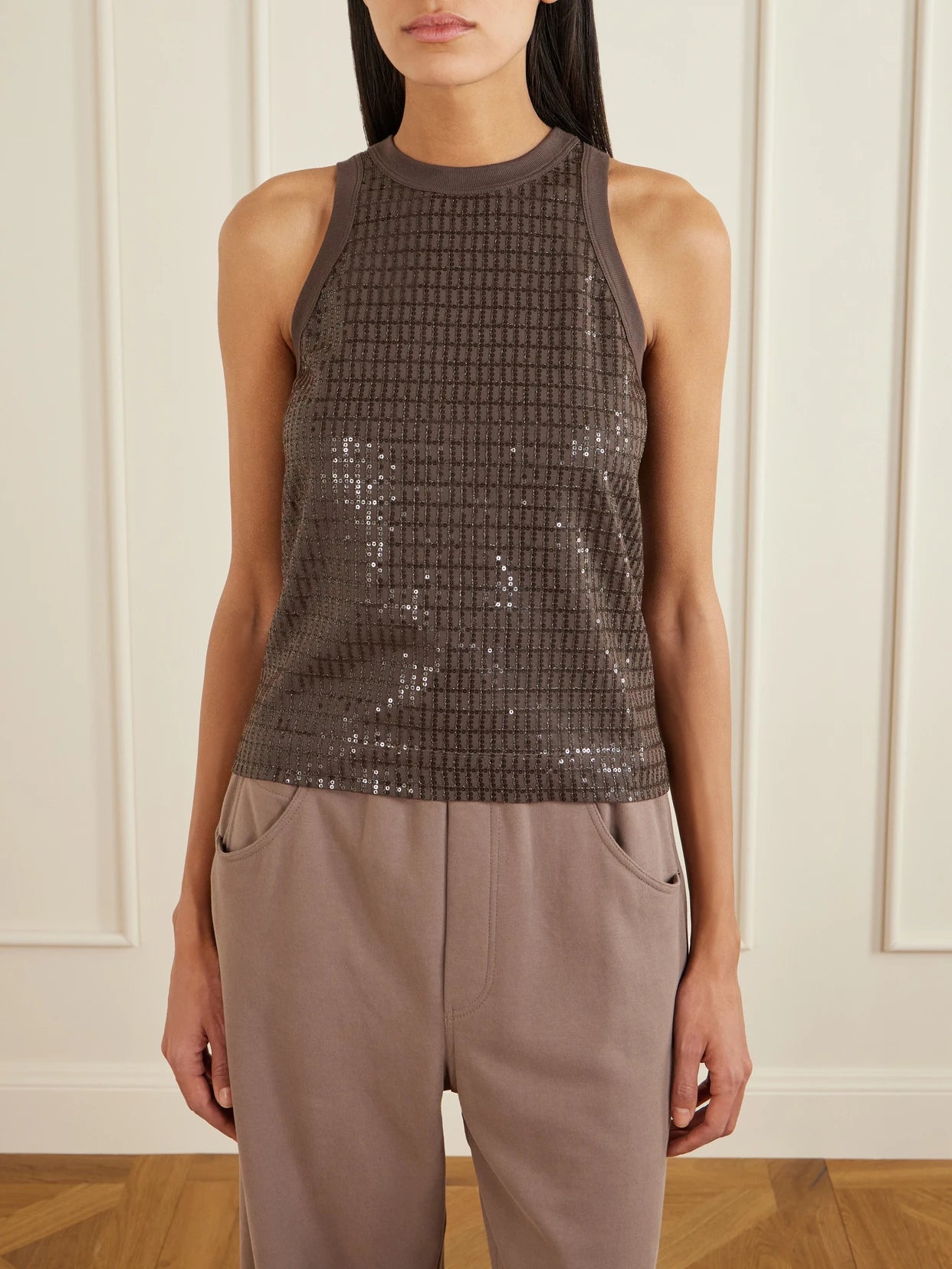 Sequin-embellished Stretch-cotton Jersey Tank