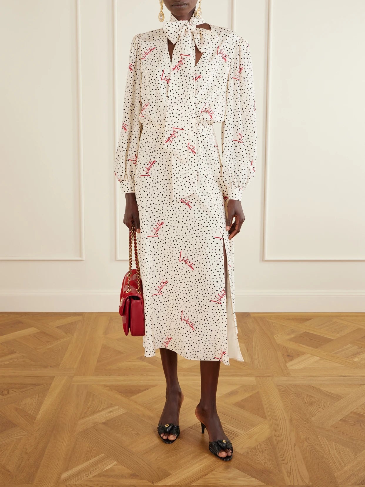 Image of Dresses. Product name - Pussy-bow Polka-dot Silk Crepe De Chine Maxi Dress in Cream colour by brand - Valentino Garavani