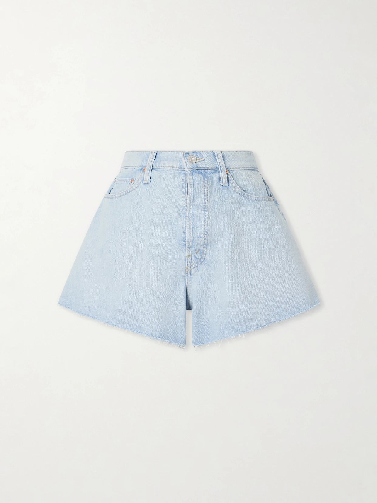 Image of a model wearing Shorts. Product name - Flutter Denim Shorts in Light denim colour by brand - Mother