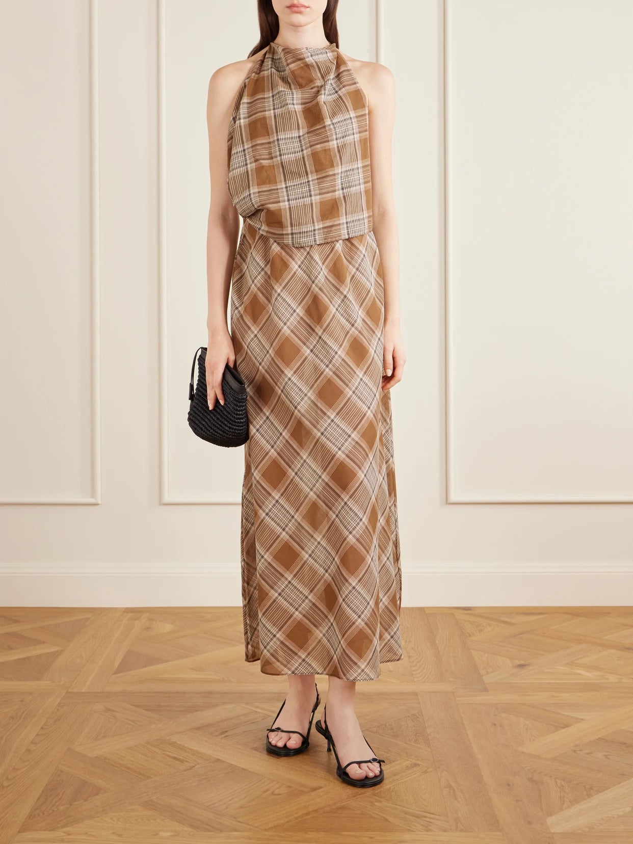 Image of Dresses. Product name - Layered Checked Cotton-voile Midi Dress in Brown colour by brand - Matteau