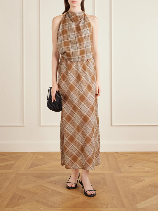 Image of Dresses. Product name - Layered Checked Cotton-voile Midi Dress in Brown colour by brand - Matteau