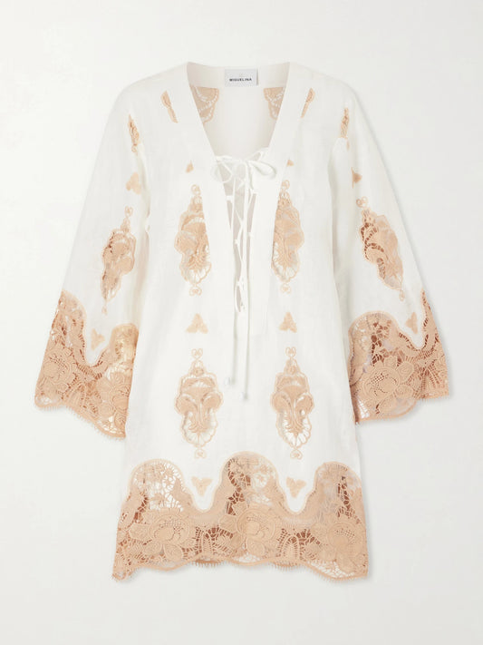Image of Dresses. Product name - Sonnet Broderie Anglaise Linen Coverup in White colour by brand - Miguelina