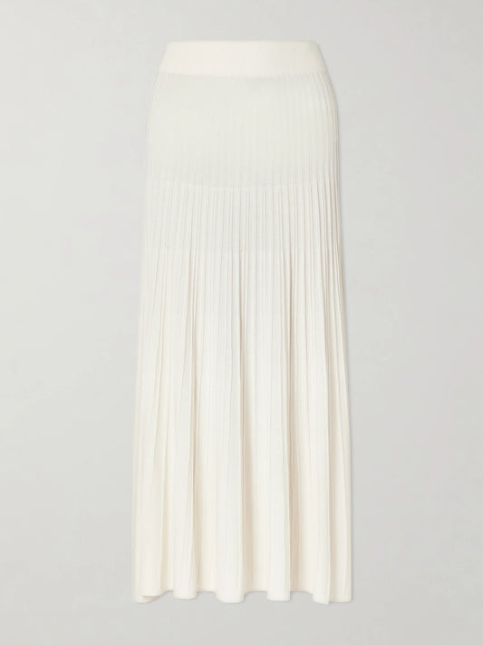 Image of a model wearing Skirts. Product name - Pleated Jersey Midi Skirt in Ivory colour by brand - TWP