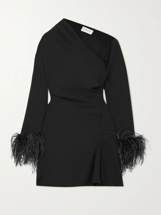 Image of Dresses. Product name - Adelaide One-shoulder Feather-trimmed Crepe Mini Dress in Black colour by brand - 16ARLINGTON