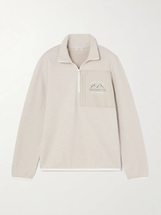 Image of Sleepwear & Loungewear. Product name - Printed Shell-trimmed Cashmere-blend Sweatshirt in Beige colour by brand - Brunello Cucinelli