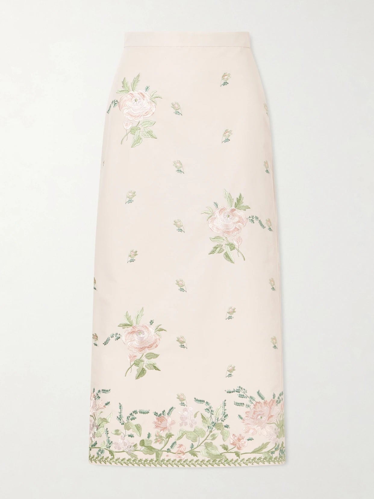 Image of a model wearing Skirts. Product name - Floral-embroidered Cotton-faille Midi Skirt in Pink colour by brand - Erdem