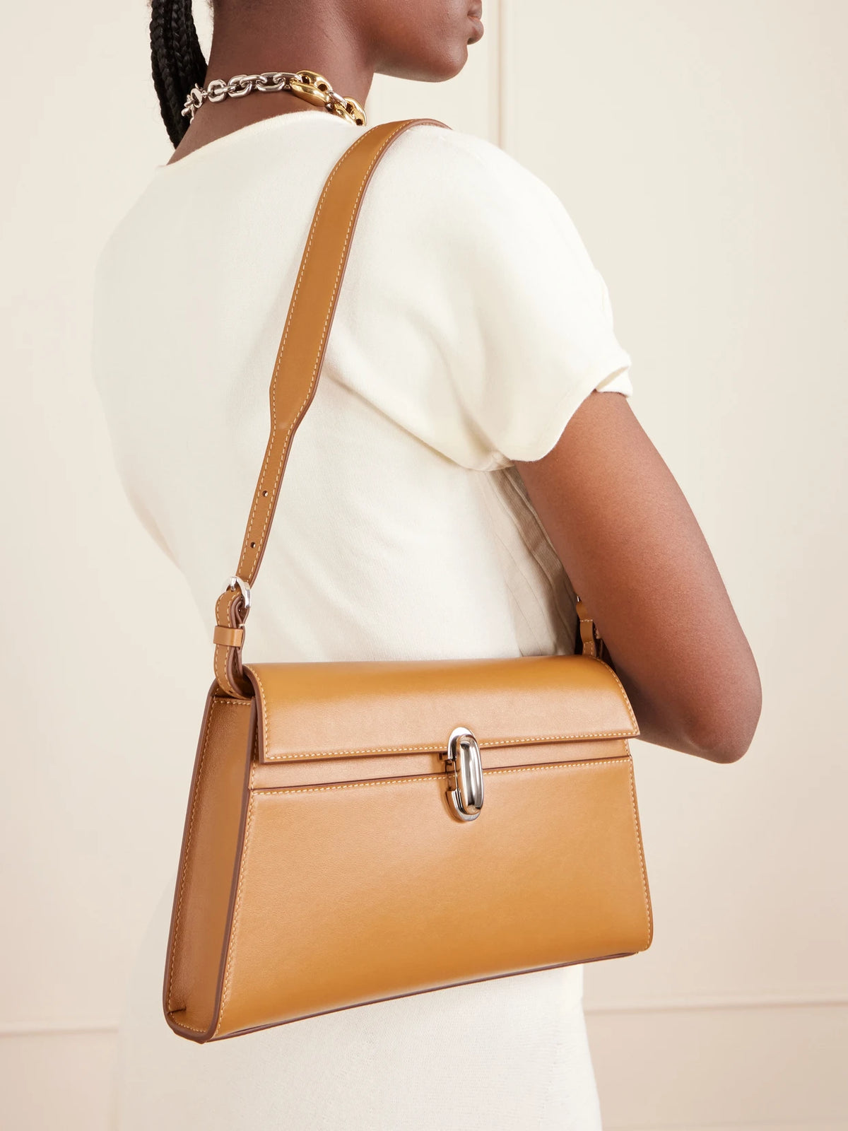 Image of Bags. Product name - Symmetry Leather Shoulder Bag in Tan colour by brand - Savette