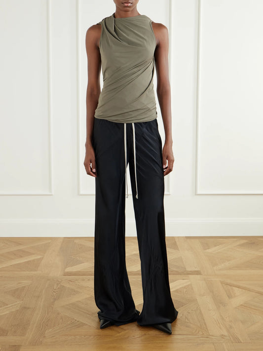 Image of a model wearing Tops. Product name - Luna Draped Crepe-jersey Tank in Green, Black colour by brand - Rick Owens