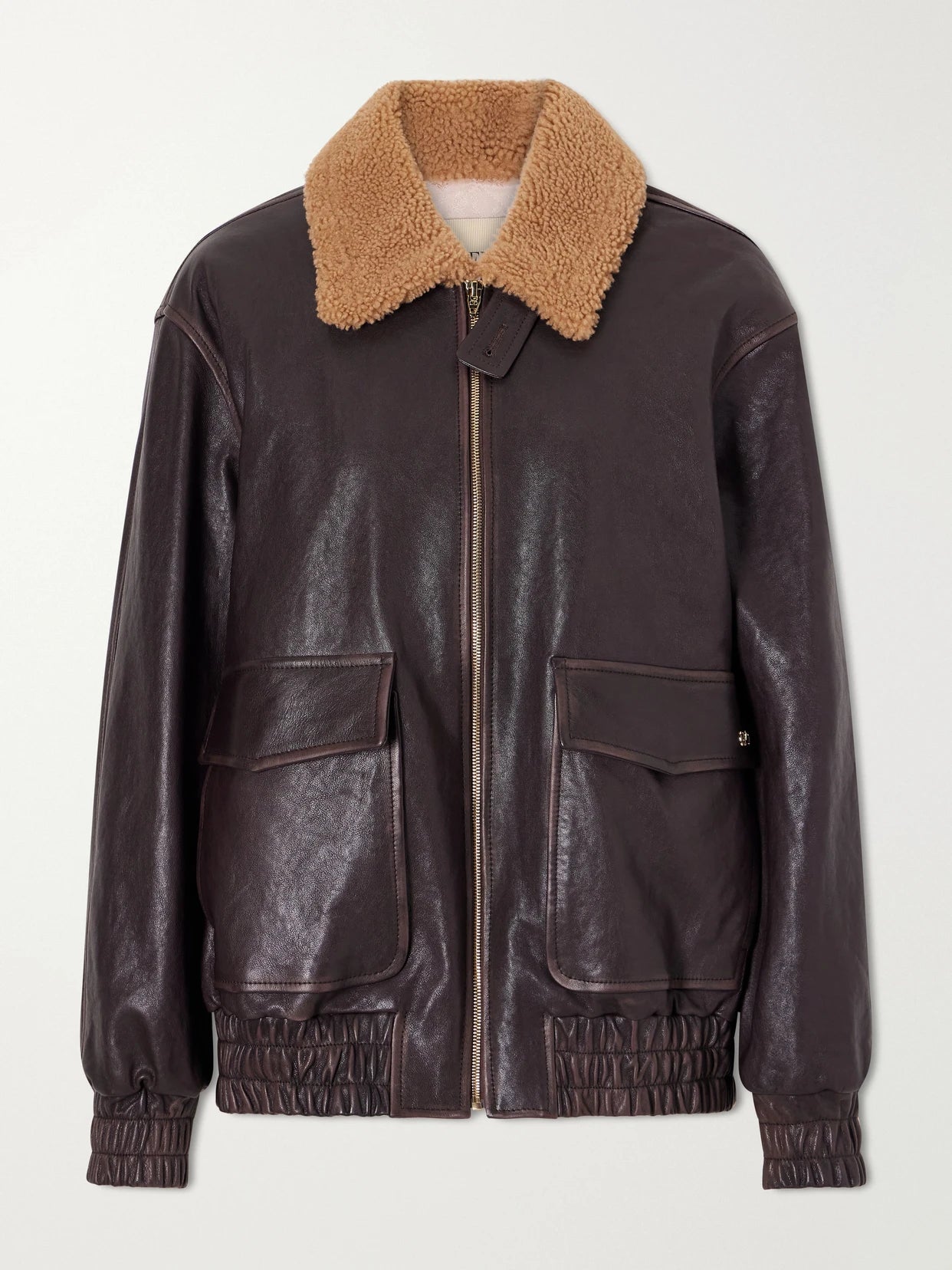 Image of Coats & Jackets. Product name - Shearling-trimmed Leather Biker Jacket in Dark brown colour by brand - Valentino Garavani