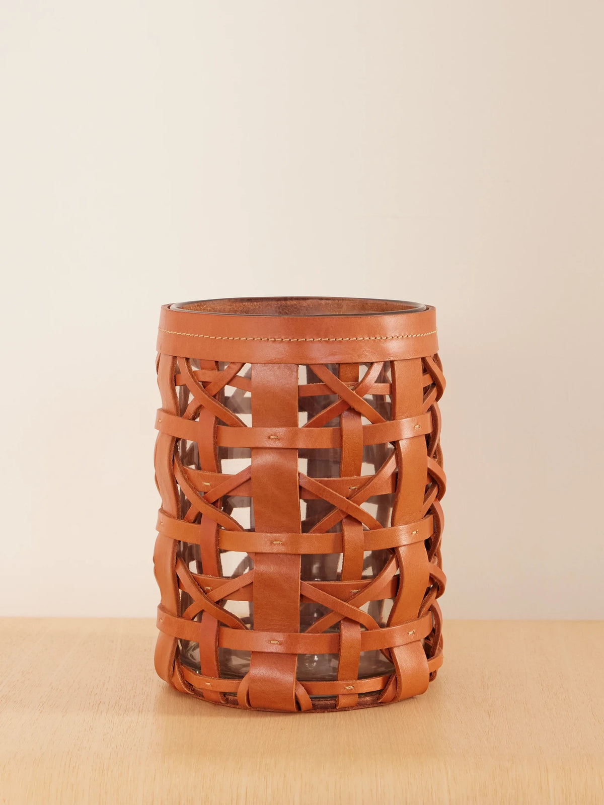 Preston Mini Woven Leather And Glass Hurricane Candle Holder