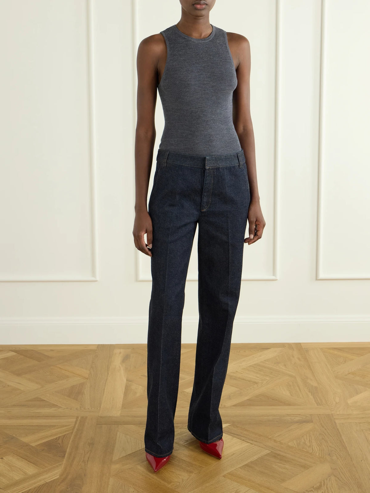 Image of a model wearing Tops. Product name - Ribbed Wool Tank in Charcoal colour by brand - Tibi