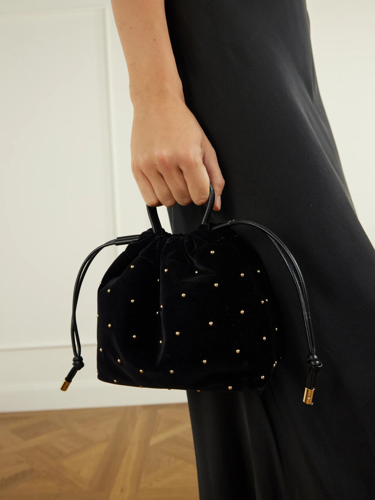 Image of Bags. Product name - Chloé Icons Embellished Velvet Top Handle Bag in Black colour by brand - Chloé