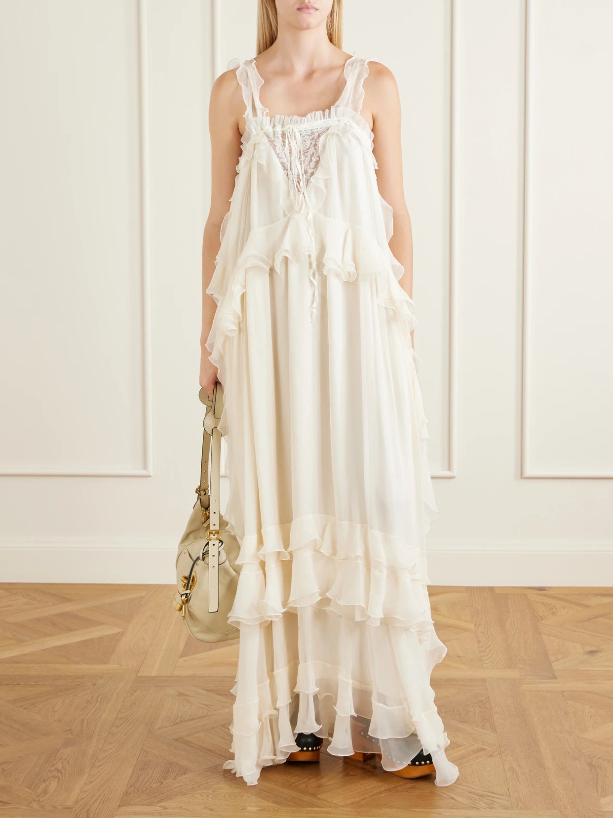 Image of Dresses. Product name - Ruffled Lace-trimmed Silk-crepon Gown in White colour by brand - Chloé