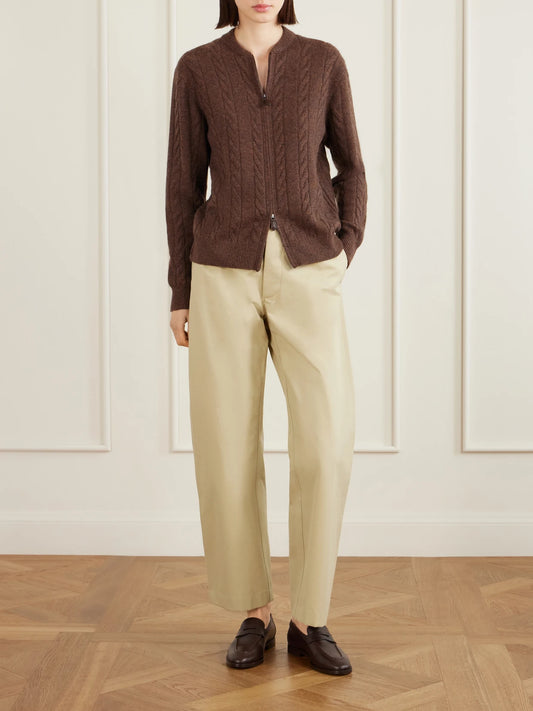 Image of a model wearing Outerwear. Product name - Cedar Cable-knit Cashmere Cardigan in Brown colour by brand - Loro Piana