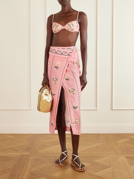 Image of Swimwear. Product name - Tierra Promessa Floral-print Linen Pareo in Pink colour by brand - Agua by Agua Bendita