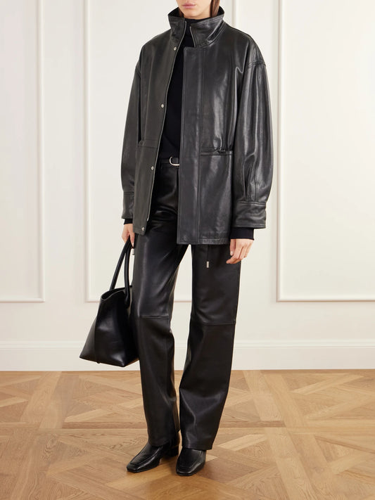 Image of Coats & Jackets. Product name - Alia Paneled Leather Jacket in Black colour by brand - ARMA