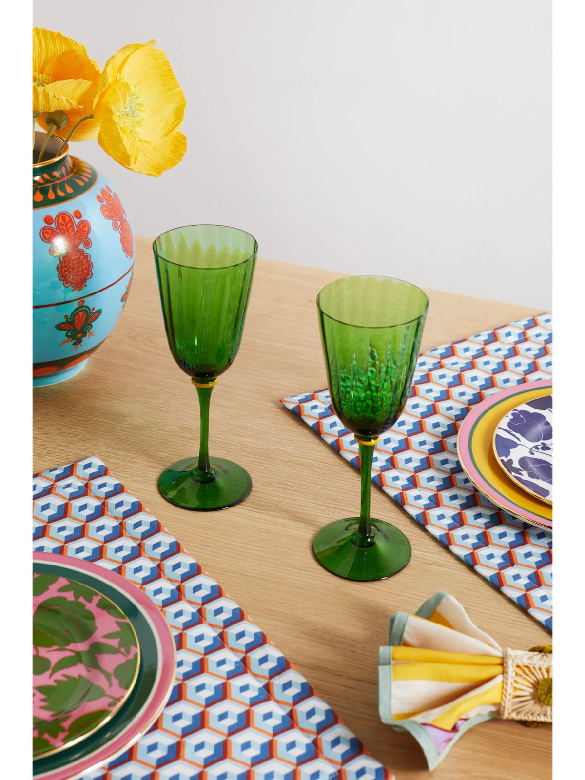 Image of Tableware. Product name - Set Of Two Murano Wine Glasses in Green colour by brand - La DoubleJ