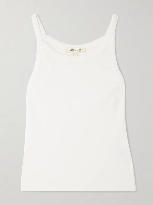 Image of a model wearing Tops. Product name - Loretta Cotton-jersey Tank in White colour by brand - Nili Lotan