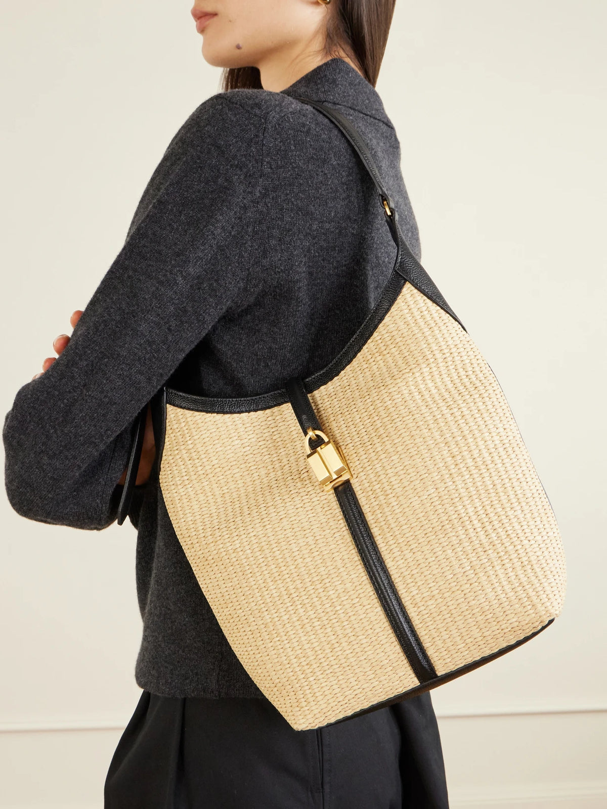 Image of Bags. Product name - The Siena Leather-trimmed Raffia Shoulder Bag in Neutral colour by brand - DeMellier